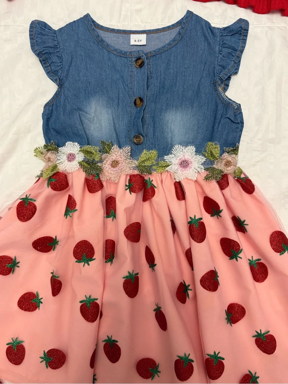 Denim & Strawberry Pink Tulle Dress with Red Ruffle Cardigan